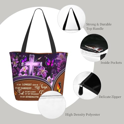 Tote Bag For Women, Tote Bag With Zipper Large Shoulder Bag For Women Travel, Work, Office, College, Nursing - color: Bible Cross