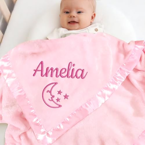 Personalized Baby Blanket with Embroidered Name,Custom Baby Receiving Blankets Soft Fleece Toddler Blanket for Newborn Baby Girl Shower Gifts -36" x 36" - color: Pink