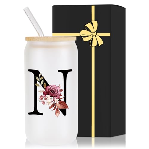 Monogrammed Glass Drinking Cup With Lid Straw Women Wife Anniversary Her 1 2 3 5 6 7 8 10 14 20 25 40 50 Year Gifts Cotton Copper Ivory Bronze Leather Iron Paper First 5th 6th 10th 25th 40th 50th 60,N - style: Letter N