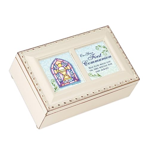 Cottage Garden First Communion God Bless You Matte Ivory Jewelry Music Box Plays Ave Maria