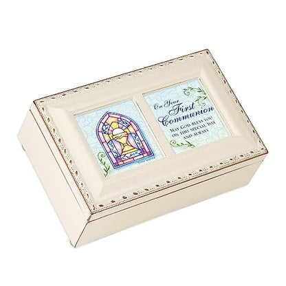 Cottage Garden First Communion God Bless You Matte Ivory Jewelry Music Box Plays Ave Maria