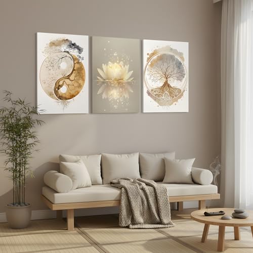 Tree of Life Wall Art Canvas Framed Set of 3 Lotus Zen Wall Decor Painting Poster Abstract YinYang Fall Art Picture Print Artwork for Living Room Yoga Room Bedroom Home Decoration 12x16 inch - color: Tree Canvas A, size: 16L"x12W"