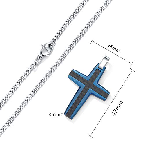 Men's Stainless Steel Cross Necklace,Two-Tone Black & Blue Carbon Fiber Pendant - Included Gift Box - style: Black & Blue XL001