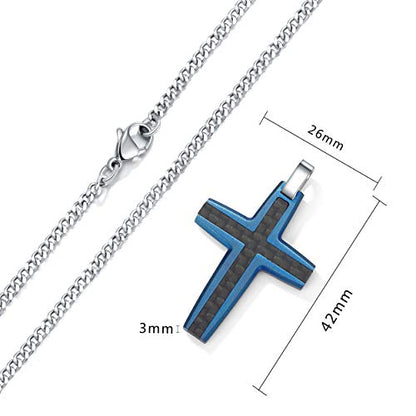 Men's Stainless Steel Cross Necklace,Two-Tone Black & Blue Carbon Fiber Pendant - Included Gift Box - style: Black & Blue XL001