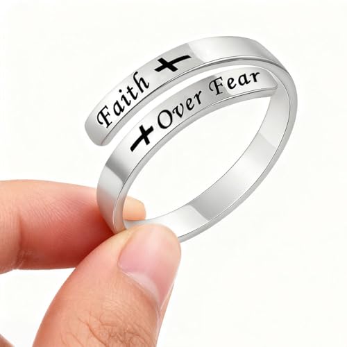 Faith Over Fear Cross Inspirational Rings for Women Daughter, Christian Blessed Hope Love Encouragement Rings Adjustable Open Tiny Purity Wrap Thumb Cross Ring Jewelry Graduation Cocktail Party - color: Silver
