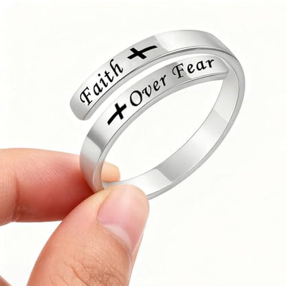 Faith Over Fear Cross Inspirational Rings for Women Daughter, Christian Blessed Hope Love Encouragement Rings Adjustable Open Tiny Purity Wrap Thumb Cross Ring Jewelry Graduation Cocktail Party - color: Silver