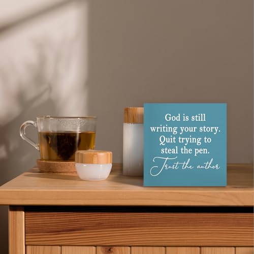 God Is Still Writing Your Story, Wood Box Sign - Christian Scripture Bible Verse Prayer Room Decor, Green Wooden Block Sign for Home Office Wall or Tabletop Shelf - color: Green, size: 5 x 5 in