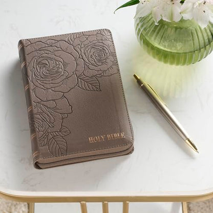 KJV Holy Bible, Compact Large Print Vegan Leather Red Letter Edition - Ribbon Marker, King James Version, Floral Dusty Taupe, Zipper Closure (KJV Compact LP Editions)