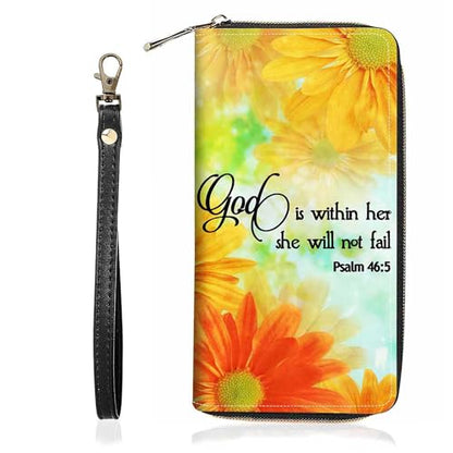 Daisy Floral Quote Bible Verses Psalm 46:5 Print Wallet for Women Large Capacity Wallet Credit Card Holder PU Leather Zipper Clutch Purse Phone Wallet - color: Daisy Floral Quote Bible Verses Psalm 46:5