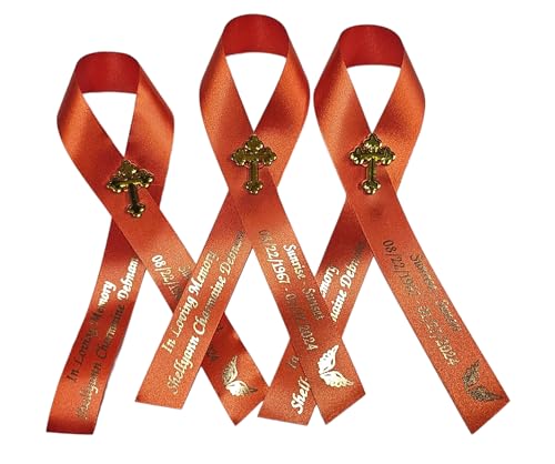 Personalized Memorial Service Funeral Ribbon Pins 20 Cross Religious Celebration of Life Custom Made Awareness Remembrance Anniversary Death Cross Sympathy Name Angel - color: Orange