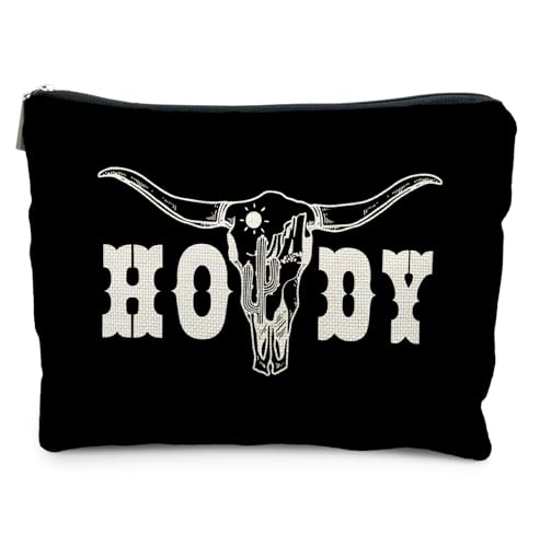 Boho Western Howdy Makeup Bag for Women, Southwestern Cowboy Cow Skull Cactus Cosmetic Bags,Gifts for For Mom Friends Teen Girl & Women, Black Western Zipper Makeup Pouch for Purse - color: Howdy