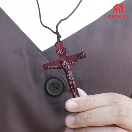 Wooden Crucifix Necklace for Men Women, Brown Wood Cross Christian Jesus Catholic Handmade Natural Pendant Chain, Braided Cord Rope, Religious Jewelry Spiritual Gift for Baptism Confirmation Easter