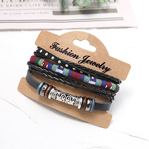 HZMAN Handmade Hemp Cords Wood Beads Leather Bracelets for Men Women - style: Ethnic Tribal