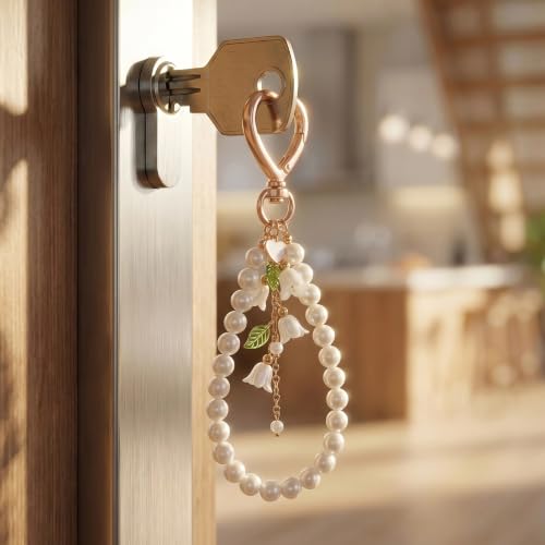 Cute Bag Charms Keychain - Pearl Keyring Wristlet Birthday Gifts - color: Green Lily of the Valley