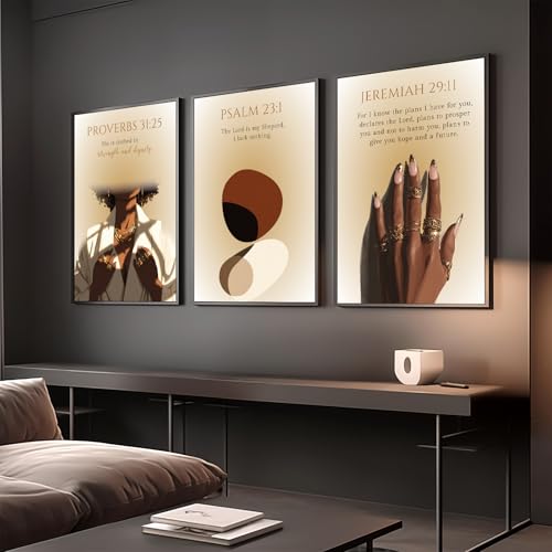Psalm 23 Canvas Art Black Girl Scripture Wall Art Set of 3 African American Christian Wall Decor Bible Verse Posters for Bedroom Living Room Religious Paintings Unframed 16"L X 12"W