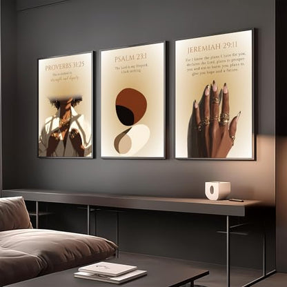 Psalm 23 Canvas Art Black Girl Scripture Wall Art Set of 3 African American Christian Wall Decor Bible Verse Posters for Bedroom Living Room Religious Paintings Unframed 16"L X 12"W