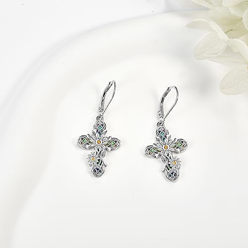 Cross Earrings 925 Sterling Silver Cross Dangle Drop Earring Gifts for Women sunflower