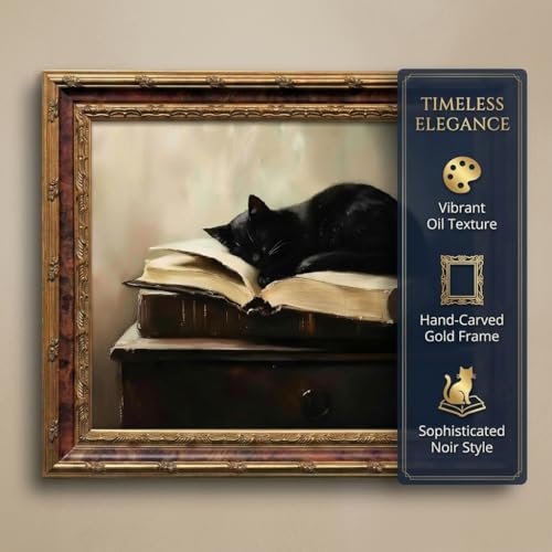Vintage Moody Gothic Black Cat Wall Art, Dark Academia Cat Canvas Print, - color: cat, size: 12"L x 16"W