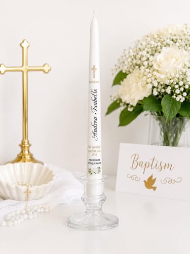 WHITEROOM Personalized Baptism Candle, White Religious Ceremony Candle with Cross Design, Floral Decoration, Custom and Personalized Name and Date (10") - size: 10"