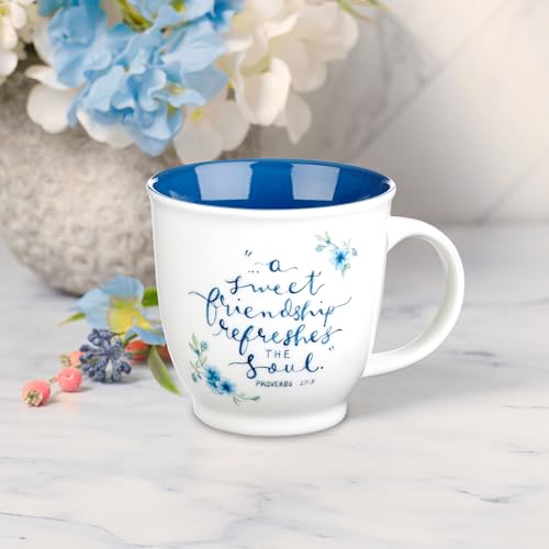 Christian Art Gifts Blue Floral Ceramic Coffee Mug – 14 oz. Microwave and Dishwasher-safe Inspirational Scripture Coffee and Tea Mug for Friends with Bible Verse: A Sweet Friendship – Proverbs 27:9 - color: Blue/Sweet Friendship