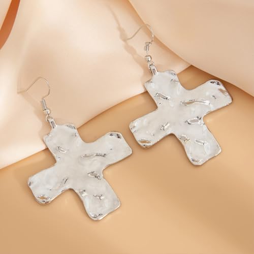 Chunky Gold Silver Cross Drop Dangle Earrings for Women Statement Western - color: Silver