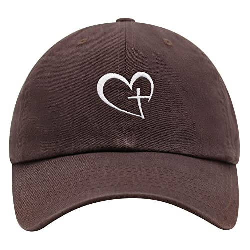 JPAK Heart and Cross Premium Dad Hat Embroidered Cotton Baseball Cap Christian Faith - color: Brown