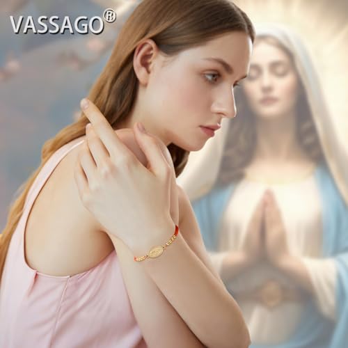 VASSAGO Virgin Mary Bracelet for Women Men Double-Sided Virgen de Guadalupe Rosary Bracelet Medal Handmade Braided Rope Catholic Christian Religious Jewelry Gift - color: gold-red string