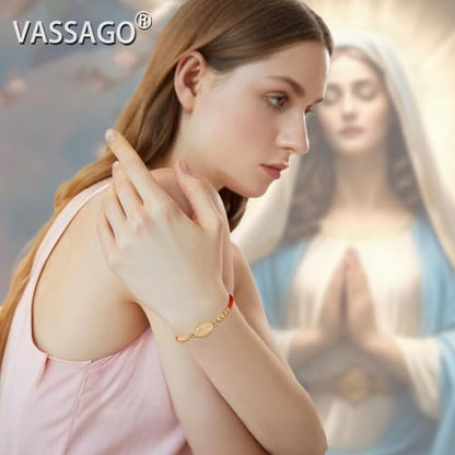 VASSAGO Virgin Mary Bracelet for Women Men Double-Sided Virgen de Guadalupe Rosary Bracelet Medal Handmade Braided Rope Catholic Christian Religious Jewelry Gift - color: gold-red string