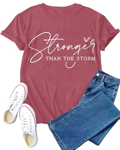 Christian Shirts for Women Stronger Than the Storm T-Shirt Bible Verse Inspirational Tee Tops - color: Pink, size: Large