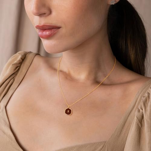 Robaice Cross Necklace for Women, Dainty 14K Gold Plated Cross Necklace - style: disc cross wine red