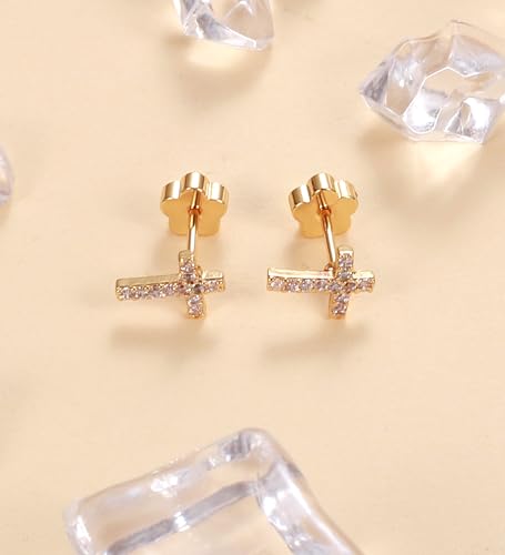 14K Gold Plated Small Stud Earrings for Girls Women Hypoallergenic Surgical Steel Cartilage Flat Back Stud Earrings CZ Cross Dot Bar Heart Handmade Screw Back Earrings Studs - color: Gold, style: Cross