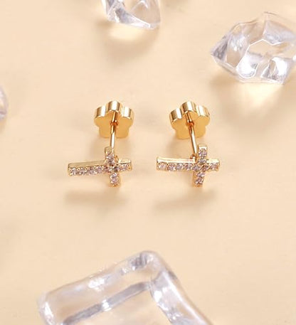 14K Gold Plated Small Stud Earrings for Girls Women Hypoallergenic Surgical Steel Cartilage Flat Back Stud Earrings CZ Cross Dot Bar Heart Handmade Screw Back Earrings Studs - color: Gold, style: Cross