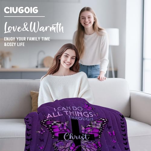 CIUGOIG Christian Gifts for Women - I Can Do All Things Christ Blanket 50"x60" - Inspirational Religious Birthday Catholic Spiritual Gifts Faith Based Gift - Purple Christian Throw, Butterfly - color: Christian-purple, size: 50"x60"