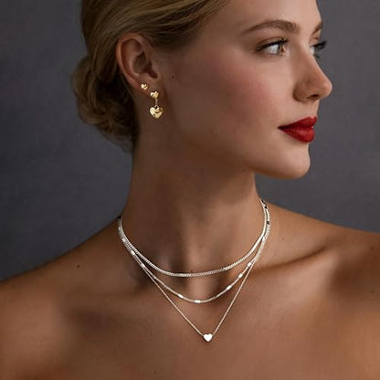 Poxtex Layered Gold Necklaces for Women, Stackable Dainty 14K Gold Silver Plated Trendy Simple Heart Diamond Cross Bow Circle Pendant Paperclip Choker Dot Chain Necklace,Jewelry Set Gifts for Women - color: Silver, style: Heart2