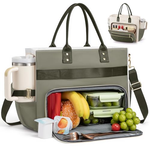 LOVEVOOK Lunch Bag for Women, Large Capacity Insulated Tote with Laptop Compartment, Leakproof Work Bag with Cup Holder for Nurse Teacher fit 15.6 Inch Laptop, Water Resistant Crossbody Handbag - color: Light Green-beige-olive Green, size: 15.6 inch with