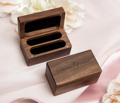 Engraved Walnut Quad Ring Box: "Forever & Always" Wood Ring Holder Case - color: Forever & Always