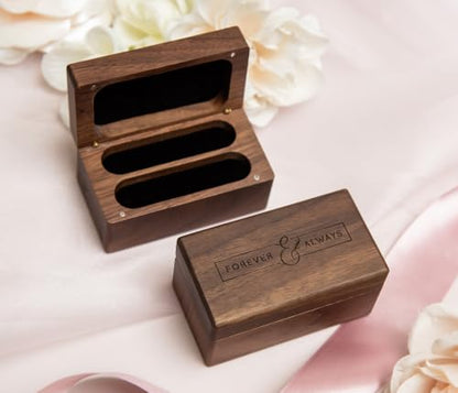 Engraved Walnut Quad Ring Box: "Forever & Always" Wood Ring Holder Case - color: Forever & Always