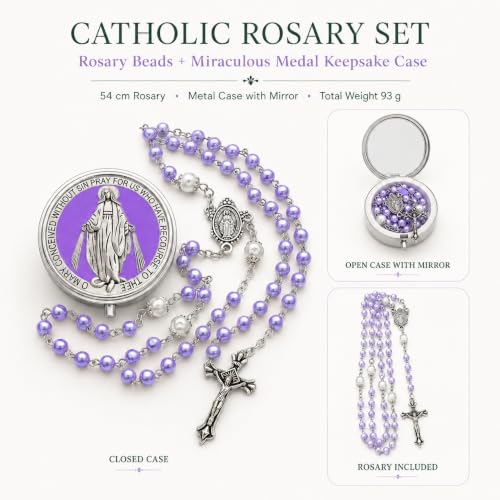 Catholic Pearl Cross Rosary Necklace — Ideal for Baptism, Prayer, Devotion — 6mm Glass Beads & 8mm Our Father Beads w/Caps, Miraculous Jewelry Box – Perfect Religious Gift for Women, Men - color: Purple