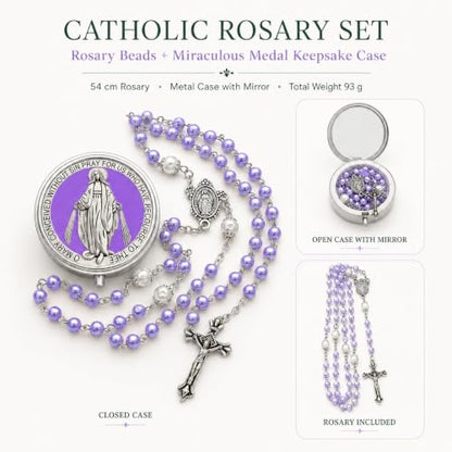 Catholic Pearl Cross Rosary Necklace — Ideal for Baptism, Prayer, Devotion — 6mm Glass Beads & 8mm Our Father Beads w/Caps, Miraculous Jewelry Box – Perfect Religious Gift for Women, Men - color: Purple