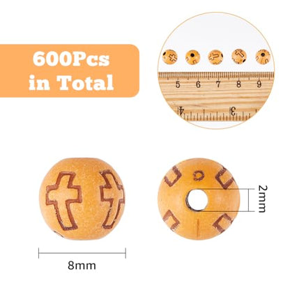 DICOSMETIC 600Pcs Round with Cross Beads Easter Imitation Wood Acrylic Beads 8mm Round Jewelry Bead Small Sandy Brown Religious Spacer Bead for DIY Jewelry Making Crafts, Hole: 2mm