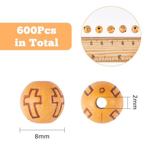 DICOSMETIC 600Pcs Round with Cross Beads Easter Imitation Wood Acrylic Beads 8mm Round Jewelry Bead Small Sandy Brown Religious Spacer Bead for DIY Jewelry Making Crafts, Hole: 2mm