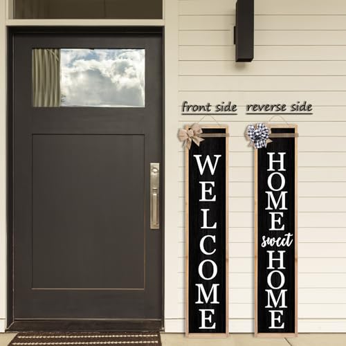 TQianJiang Outdoor 2in1 Welcome Sign for Front Porch Standing 45"X9" Wood - color: 2in1 Welcome (Wood Black)