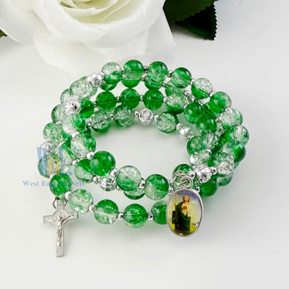Religious Wrap Rosary Bracelet, Green Beads with Cross and St. Jude Medal Charm, Memorial Prayer Favor (JA010S)