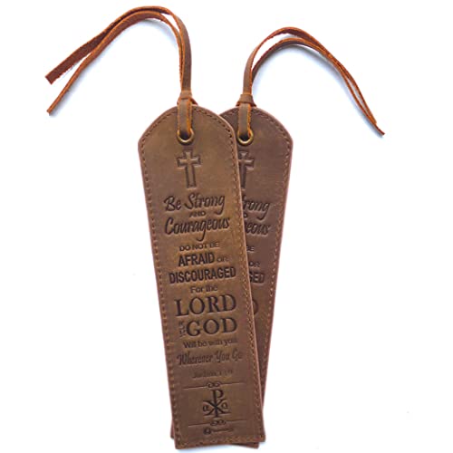 Leather Bible Bookmarks - 2 Leather Christian Bookmarks with Inspirational Bible Verse | Joshua 1: 9 Be Strong & Courageous | Perfect Religious Book Marker Gifts for Men, Women, Readers and Friends - style: Joshua 1:9