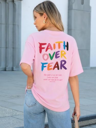 Faith Over Fear Shirt for Women Graphic Shirts Oversized Graphic Christian Tshirts Tees Tops - color: Pink a, size: Small