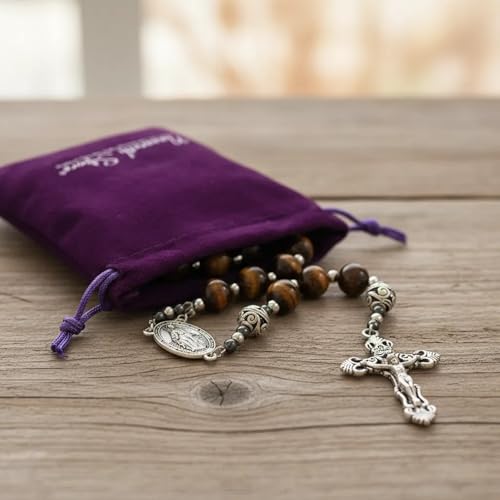 Nazareth Store Genuine Rosary Stone Beads Necklace Metal Beaded Glory Beads Miraculous Medal & Silver Cross Crucifix For Men and Womens - color: Tiger Eye