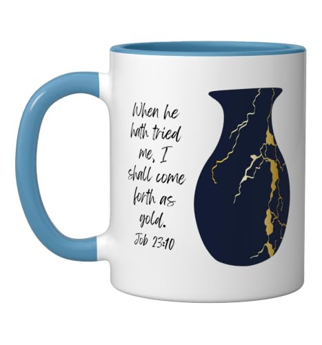 Bible Verse Jesus Christ Kintsugi Vase Gold Job Christian Ceramic Mug, Blue/White, 11oz - color: Blue/White, size: 11 Ounces