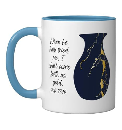 Bible Verse Jesus Christ Kintsugi Vase Gold Job Christian Ceramic Mug, Blue/White, 11oz - color: Blue/White, size: 11 Ounces