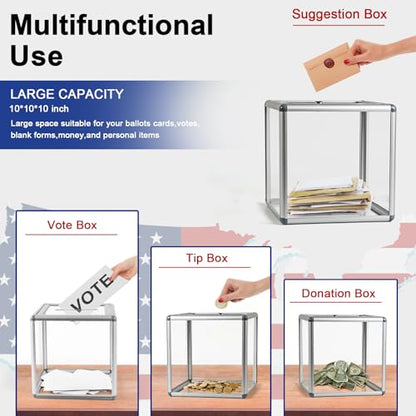 Large Donation Box with Lock, Acrylic Ballot Box with Slot 10 x 10 x 10 Inch, Suggestion Box with Lock Cash Storage Container for Fundraising Voting Charity Contest Tip