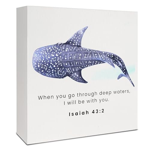 Christian Signs Desk Home Decor,Ocean Whale Isaiah 43:2 Bible Verse Wooden Box Sign, Christian Wood Signs for Home Office Desk Shelf Table Decor, 5x5 Inch - color: Whale Isaiah 43:2
